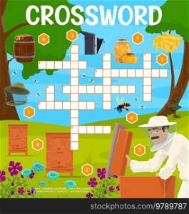 Beekeeping and apiary crossword grid worksheet. Find a word quiz vector game puzzle with cartoon beehives, honey, bee, honeycomb and beekeeper, beekeeping hat, smoker. Apiculture fill in squares game. Beekeeping and apiary crossword grid worksheet