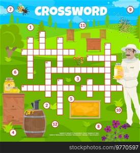 Beekeeping and apiary crossword puzzle game grid and agriculture quiz, vector worksheet. Kids education crossword riddle with honey beekeeper and bees smoker, beehive and beekeeping barrel. Beekeeping and apiary crossword puzzle game grid