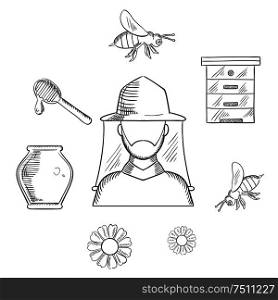 Beekeeping and apiary sketch icons with beekeeper in hat and apiculture symbols around him including honey jar, flying bees, flowers, wooden beehive and dipper with drop of honey. Vector sketch. Beekeeping and apiary sketch icons