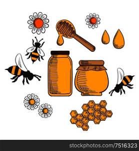 Beekeeping and farm honey sketched icons with flowers and bees, pollen, bottle and jar of dripping honey. Beekeeping and farm honey icons