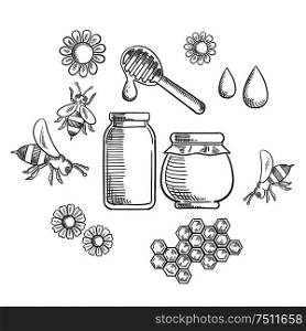 Beekeeping and fresh honey icons with flowers and bees, pollen, bottle and jar of dripping honey. Beekeeping and fresh honey icons