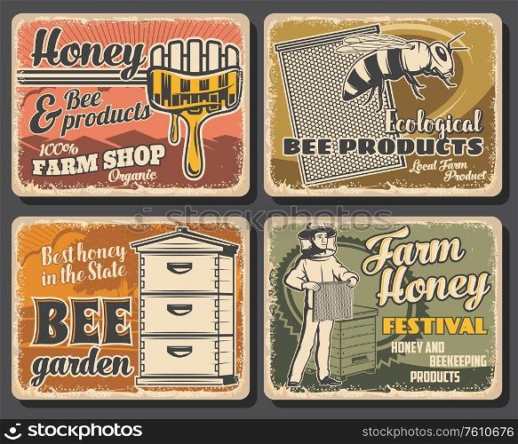 Beekeeping apiary, honey bee and beekeeper, vector retro posters. Beehive and honeycombs, beekeeping apiary farm and honey organic products, wooden dipping spoon with dripping drops. Beekeeping apiary and bees, honey farm