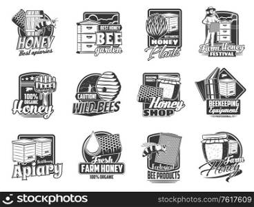 Beekeeping apiary isolated icons with vector bees, honeys, beehives and honeycombs. Beekeeper, beekeeping farm hive, honey jar and drop, wooden dipper and flower monochrome symbols, apiculture design. Beekeeping apiary, bee, honey and beehive icons