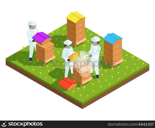 Beekeeping apiary isometric composition. Beekeeping apiary isometric composition with farmers and bee hives vector illustration