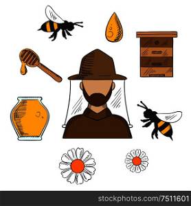 Beekeeping concept with beekeeper in hat and apiculture symbols around him including honey jar, flying bees, flowers, wooden beehive and dipper with drop of liquid honey. Beekeeping and apiculture symbols set