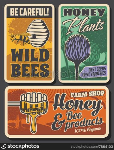 Beekeeping farm and honey production retro posters. Bees hive or nest, clover flowers and tree, wooden dipper with dipping fresh honey vector. Wild bees danger beware warning, plants seeds shop banner. Beekeeping farm and honey production retro posters