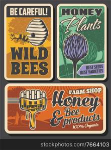 Beekeeping farm and honey production retro posters. Bees hive or nest, clover flowers and tree, wooden dipper with dipping fresh honey vector. Wild bees danger beware warning, plants seeds shop banner. Beekeeping farm and honey production retro posters