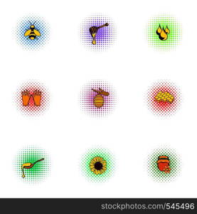 Beekeeping farm icons set. Pop-art illustration of 9 beekeeping farm vector icons for web. Beekeeping farm icons set, pop-art style