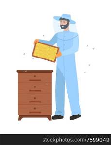 Beekeeping hobby of man vector, person wearing protective uniform with mask tending bees in cabinets, organic production, apiary beehive isolated. Tools for apiary. Beekeeper Wearing Special Uniform, Apiarist Vector