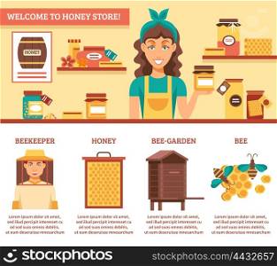 Beekeeping Honey Infographics. Beekeeping honey infographics with descriptions of welcome to honey store and listing the main components for honey production vector illustration