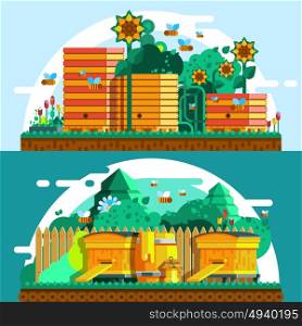 Beekeeping Horizontal Banners Template. Beekeeping horizontal banners template with colorful bee garden and apiary in flat style vector illustration