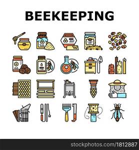 Beekeeping Profession Occupation Icons Set Vector. Bee Honey Bottle And Pollen Container, Royal Jelly And Beeswax Candles, Hand Tools And Smoker Beekeeping Business Line. Color Illustrations. Beekeeping Profession Occupation Icons Set Vector