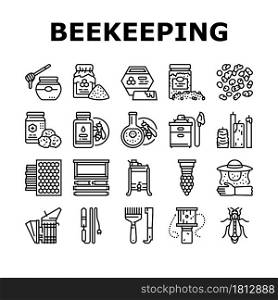 Beekeeping Profession Occupation Icons Set Vector. Bee Honey Bottle And Pollen Container, Royal Jelly And Beeswax Candles, Hand Tools And Smoker Beekeeping Business Black Contour Illustrations. Beekeeping Profession Occupation Icons Set Vector
