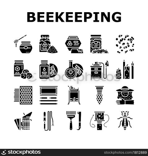 Beekeeping Profession Occupation Icons Set Vector. Bee Honey Bottle And Pollen Container, Royal Jelly And Beeswax Candles, Hand Tools And Smoker Beekeeping Business Glyph Pictograms Black Illustrations. Beekeeping Profession Occupation Icons Set Vector