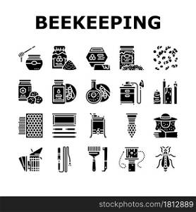 Beekeeping Profession Occupation Icons Set Vector. Bee Honey Bottle And Pollen Container, Royal Jelly And Beeswax Candles, Hand Tools And Smoker Beekeeping Business Glyph Pictograms Black Illustrations. Beekeeping Profession Occupation Icons Set Vector