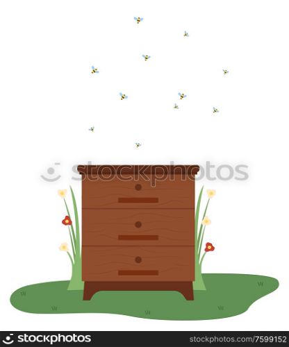 Beekeeping vector, isolated beehive with bees flying and pollinate flowers, glass and flora flourishing plants, cabinet made of wood, home to insects. Tools for apiary. Beehive with Flying Bees Grass with Flowers Vector