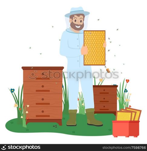 Beekeeping vector, man wearing protective costume apiarist with bees making honey. Organic farming and production of person flat style. Apiary farm. Wooden dipper and apiarist in protect suit and mask. Beekeeper with Bees, Honey Making Business Vector