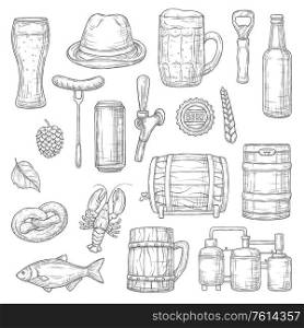 Beer alcohol drink isolated sketches of brewery, bar and pub vector design. Glass, bottle and mug of craft beer, ale and lager barrel, wheat, hop, sausage and pretzel, brewing tank and keg objects. Beer isolated sketches. Alcohol drink of brewery