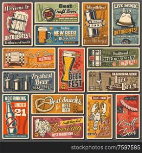 Beer alcohol drink retro posters of bar, pub and Oktoberfest beverage vector design. Glasses and mugs with foam, pint, bottles and brewery barrels of craft lager or ale, hops, malt, barley and wheat. Beer glass, mug, bottle, barrel with hop posters