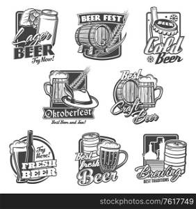 Beer alcohol drink vector icons with beer bottles, glasses and mugs. Pub, bar or brewery pints of ale and lager beverages, barrel, hops and barley, tap, can, brewing tanks and Oktoberfest tankard. Beer alcohol drink icons of bottles, glasses, mugs