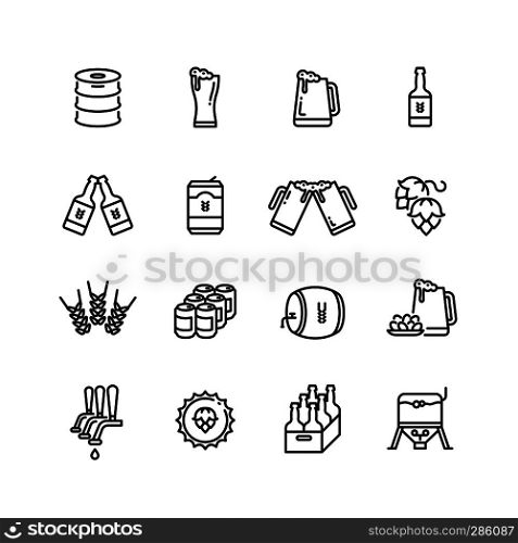 Beer alcohol drinks line vector icons. Brewing alcohol beer from hops illustration. Beer alcohol drinks line vector icons