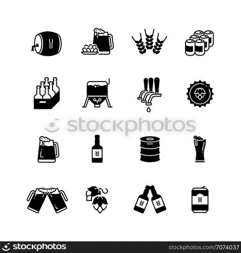 Beer and brewing vector icons set. Brewery bottle and glass symbols. Monochrome beer icons, glass bottle alcohol and barrel illustration. Beer and brewing vector icons set. Brewery bottle and glass symbols