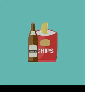 Beer and chips icon in flat style. Vector illustration.