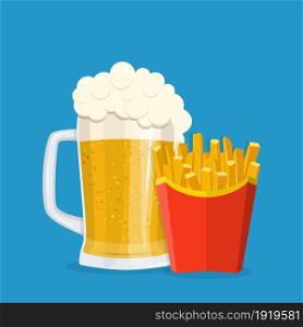 Beer and French fries icon design. Isolated on blue background. fast food,bar concept. Vector illustration in flat style. Beer and French fries.