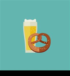 Beer and pretzel icon in flat style. Mug of beer vector icon.