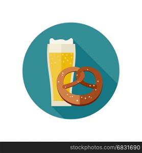 Beer and pretzel. Mug of beer and pretzel icon in flat style. Vector illustration.
