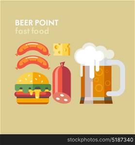 Beer and products. A mug of beer, sausages, cheese, Burger. Set of vector symbols in flat style.