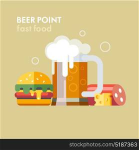 Beer and products. A mug of beer, sausages, cheese, Burger. Vector illustration in flat style.