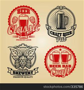 Beer and pub vintage label set. Retro badge and emblem. Vector illustration. Beer and pub vintage label set