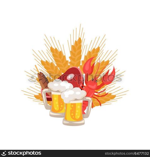 Beer and Snacks at Octoberfest Vector Illustration. Set of two pints of beer, snacks which includes piece of ham, dry fish, crayfish and wheat at octoberfest, vector Illustration on white background.