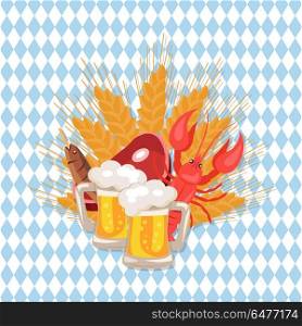 Beer and Snacks at Octoberfest Vector Illustration. Set of two pints of beer, snacks as ham, dry fish, crayfish and wheat at octoberfest, vector Illustration on checkered background