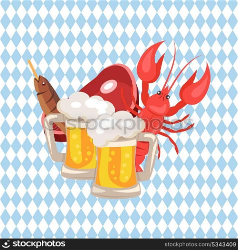 Beer and Snacks Vector Illustration on Checkered. Vector illustration demonstrating set of beer and snacks on checkered background including two pints of beer, well-done crayfish, fish and piece of ham