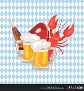 Beer and Snacks Vector Illustration on Checkered. Vector illustration demonstrating set of beer and snacks on checkered background including two pints of beer, well-done crayfish, fish and piece of ham