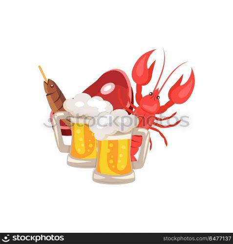 Beer and Snacks Vector Illustration on White. Vector illustration demonstrating set of beer and snacks on white background including two pints of beer, well-done crayfish, fish and piece of ham