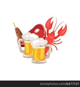 Beer and Snacks Vector Illustration on White. Vector illustration demonstrating set of beer and snacks on white background including two pints of beer, well-done crayfish, fish and piece of ham