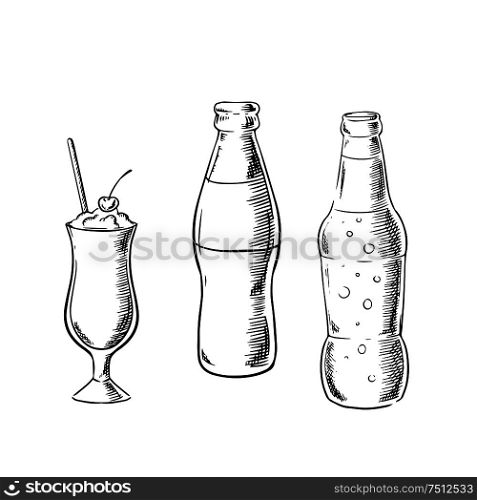 Beer and soda bottles with milk cocktail, served in tall glass with cherry fruit and drink straw. Sketch image. Beer, sweet soda and cocktail sketches