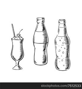 Beer and soda bottles with milk cocktail, served in tall glass with cherry fruit and drink straw. Sketch image. Beer, sweet soda and cocktail sketches