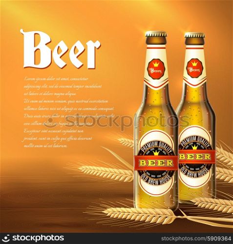 Beer background with realistic glass bottles and wheat ears vector illustration. Beer Bottle Background