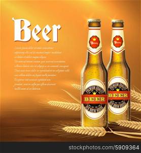 Beer background with realistic glass bottles and wheat ears vector illustration. Beer Bottle Background