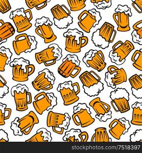 Beer beverages retro cartoon pattern with seamless background of mugs and tankards full of light beer, lager and ale drinks. Use as pub or brewery promotion design. Mugs of beer, lager, ale drinks seamless pattern