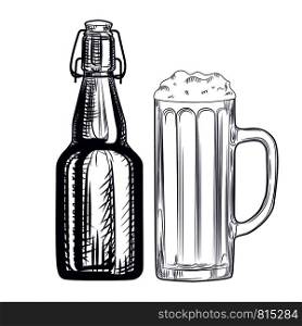 Beer bottle and beer mug. Engraving style. Hand drawn vector illustration isolated. Beer bottle and beer mug. Engraving style.