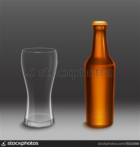 Beer bottle and empty tall glass. Vector realistic mockup of blank lager or dark beer bottle from brown glass with golden cap and clear mug. Template of alcohol beverage design. Brown bottle with beer and empty tall glass