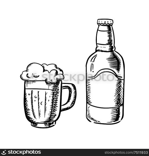 Beer bottle and filled tankard with overflowing froth head, outline sketch style. Beer bottle and filled tankard