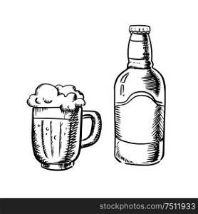 Beer bottle and filled tankard with overflowing froth head, outline sketch style. Beer bottle and filled tankard