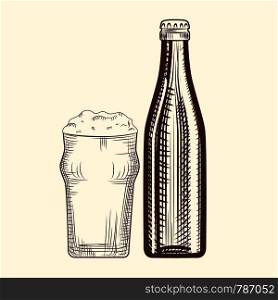 Beer bottle and glass. Engraving style. Hand drawn vector illustration isolated. Beer bottle and glass. Engraving style. Hand drawn illustration