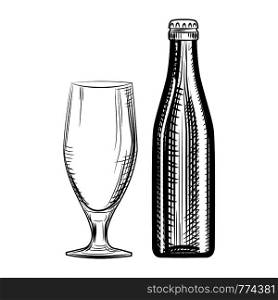 Beer bottle and glass. Engraving style. Hand drawn vector illustration isolated on white background.. Beer bottle and glass. Engraving style. Hand drawn illustration